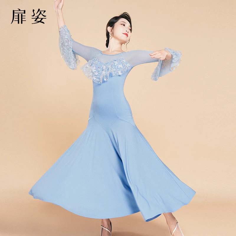 FZ摩登舞连衣裙长袖交谊舞跳舞裙子显瘦修身气质蓝色长裙F3016