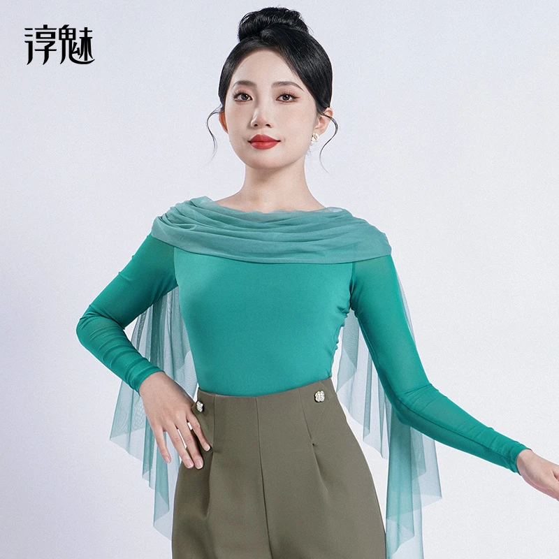 扉姿 摩登舞蹈服女装交谊舞长袖连体衣网纱荷叶边圆领上衣M1112