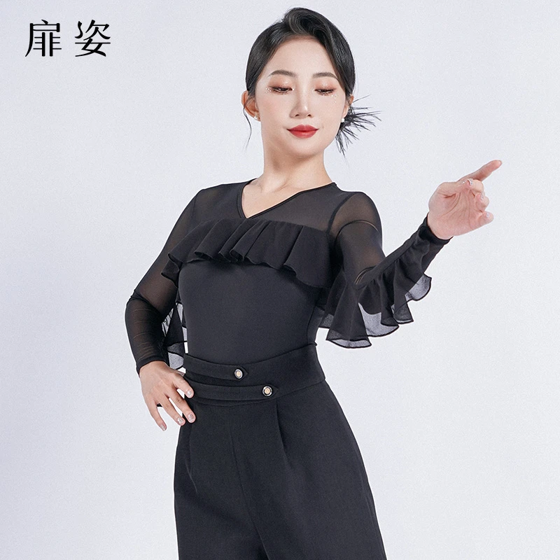 扉姿 摩登舞服女秋季新款飘逸连体衣交谊舞华尔兹长袖上衣 F1179