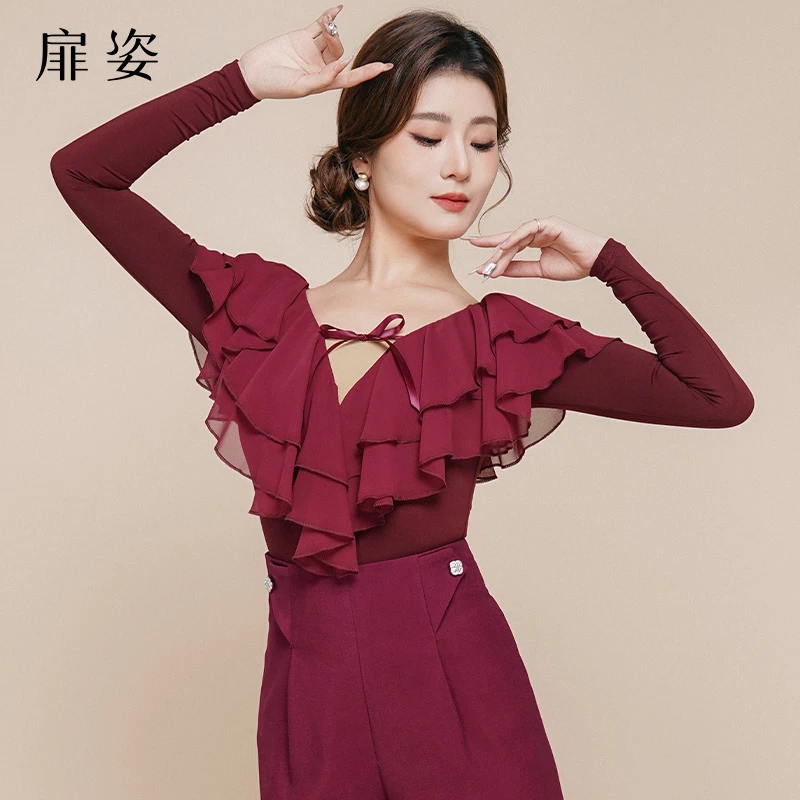 扉姿 摩登舞上衣女士新款交谊舞长袖荷叶边飘逸跳舞连体衣F1195