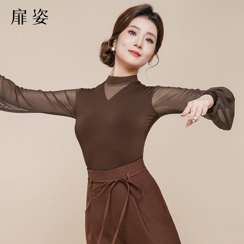 扉姿 摩登舞服女交谊舞长袖连体衣新款广场舞灯笼袖舞蹈上衣F1210
