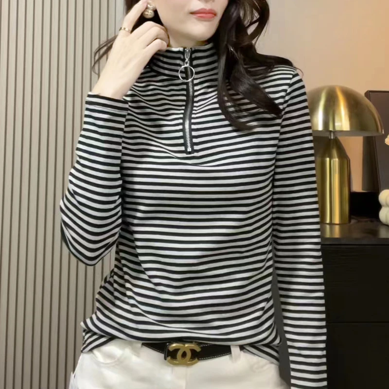 早秋条纹长袖半高领上档次打底衫女内搭洋气T恤上衣 82351-0919