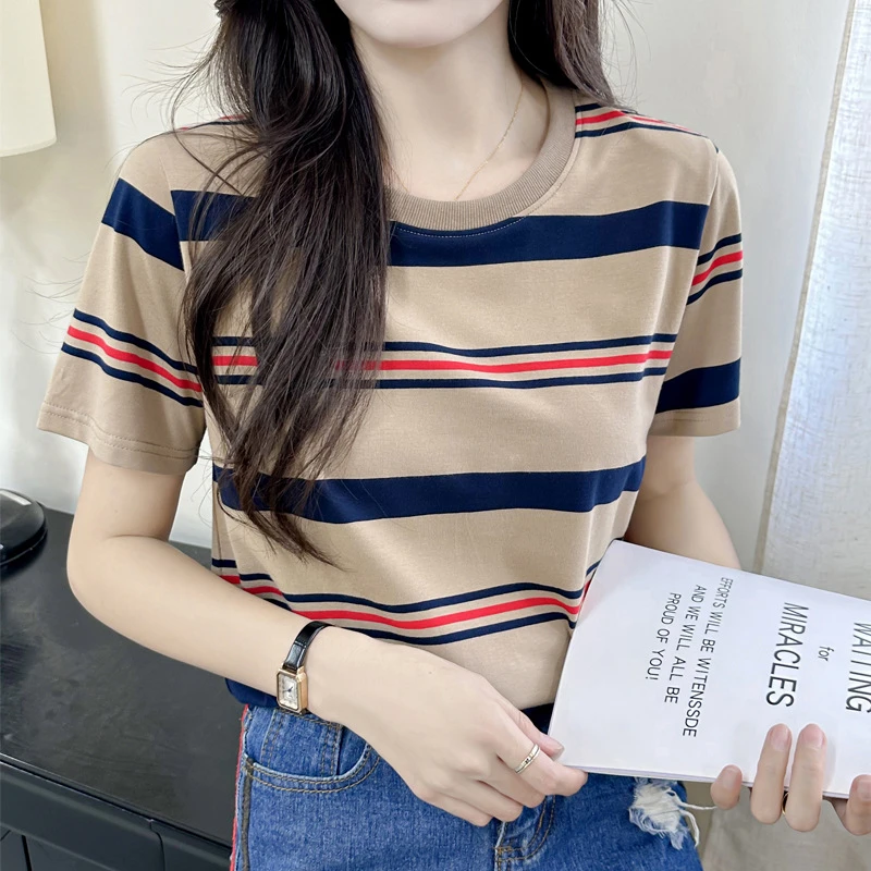 2025春夏款复古条纹短袖T恤女显瘦气质高档时尚圆领上衣 138-1219