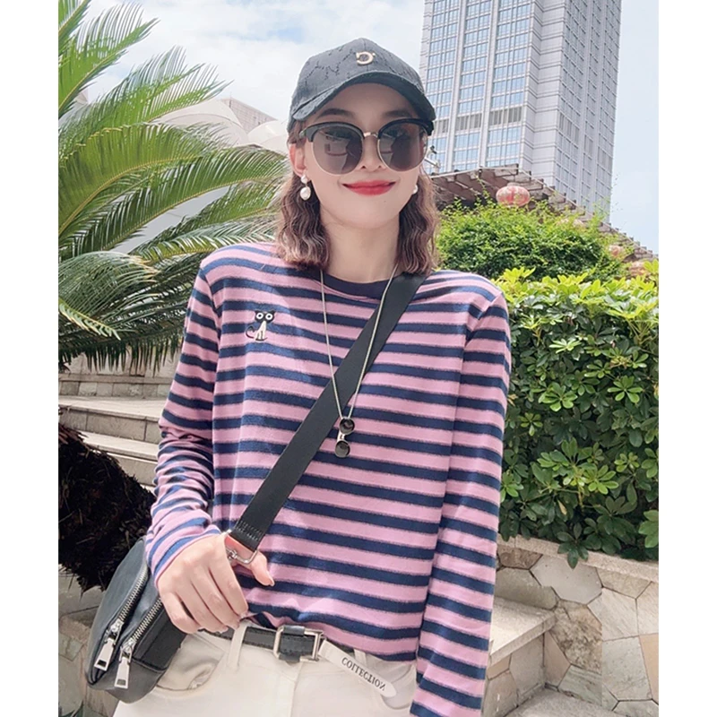早秋条纹长袖圆领上档次打底衫女刺绣内搭洋气T恤上衣 159-0914