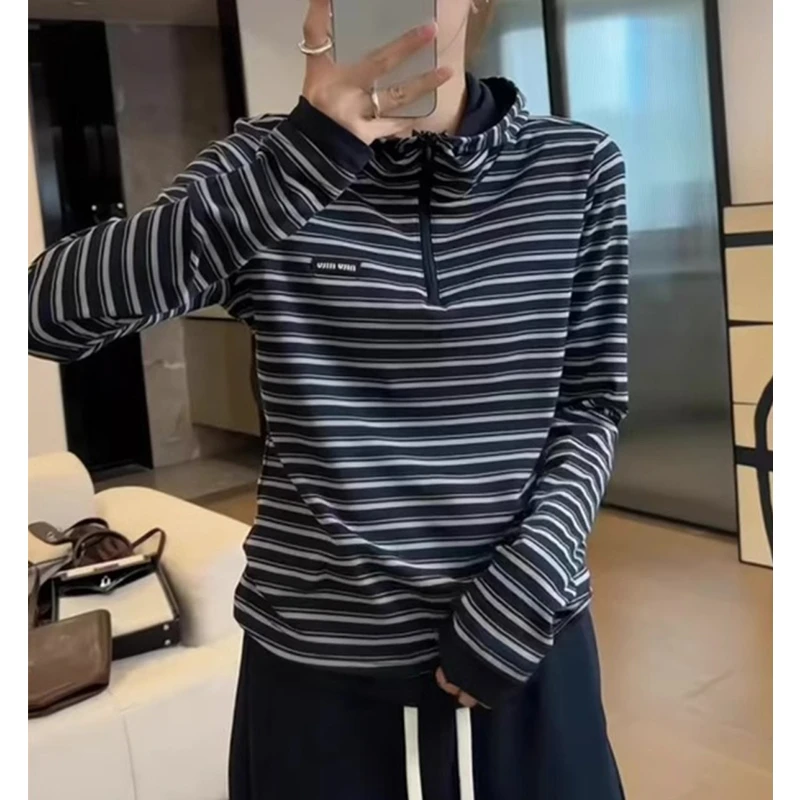 2025春季卫衣女高端条纹长袖宽松设计感连帽洋气小个外套182-0227