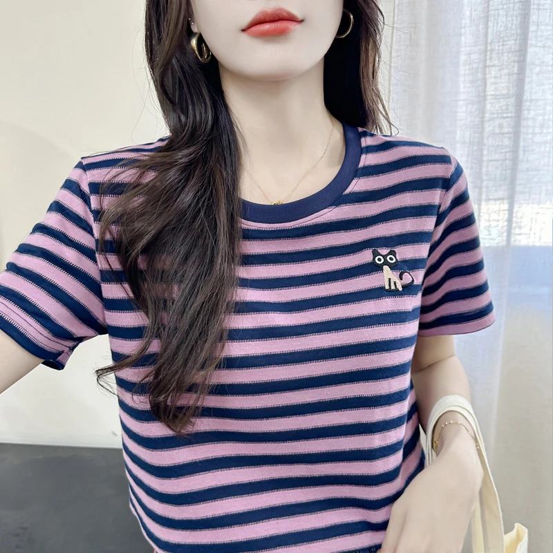 2024年夏季新款条纹短袖T恤女显瘦洋气高端刺绣休闲上衣136-0714