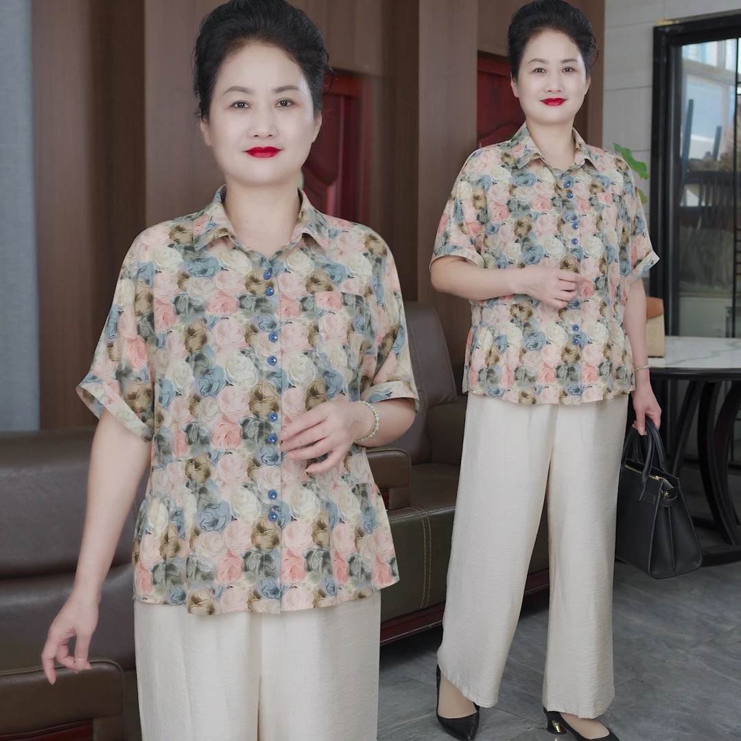 B3719中老年女装胖妈妈夏装加肥加大码中袖衬衫夏季短袖上衣服女