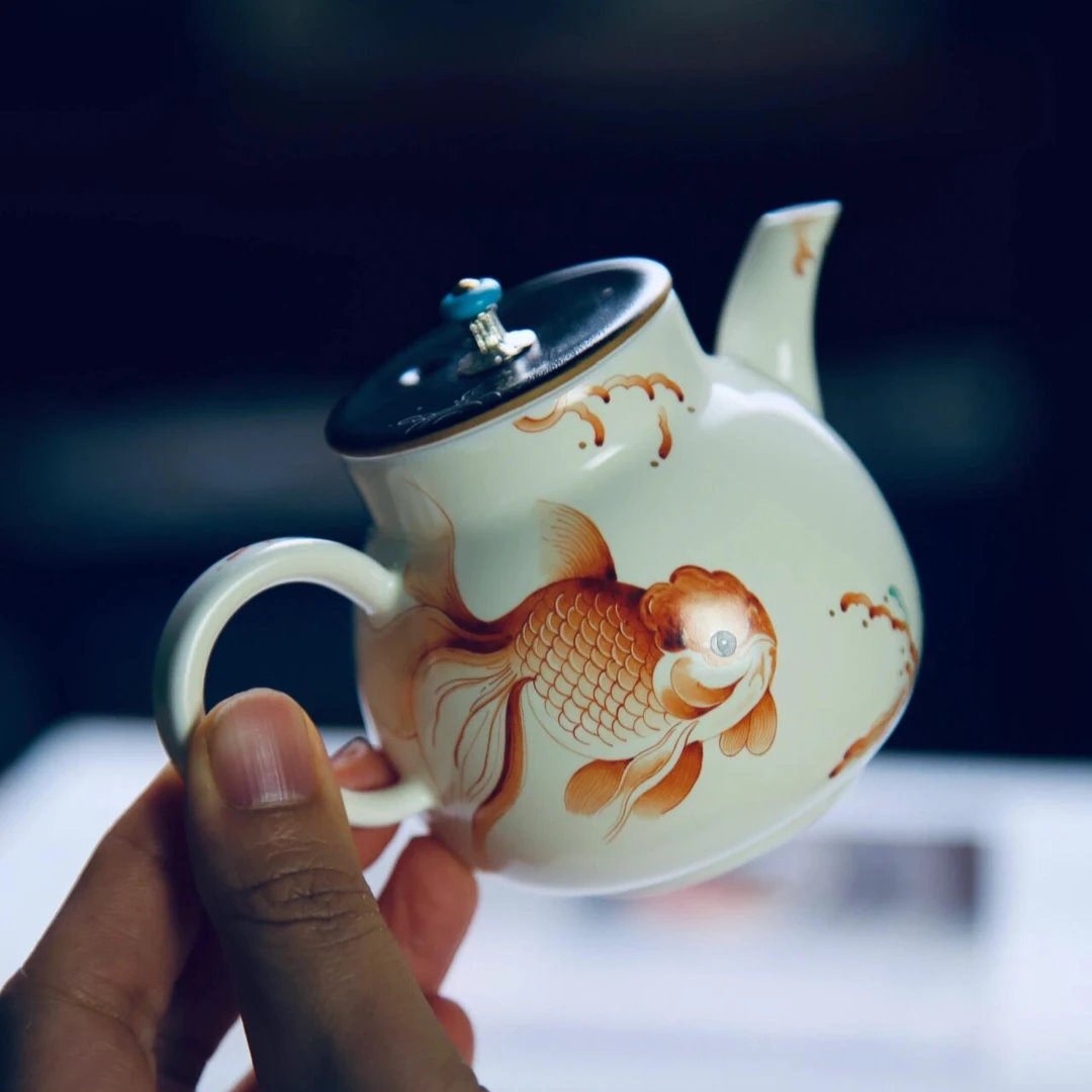 三秋月15-游意浪尖大号金鱼陶瓷壶景德镇手工手绘富贵有余陶瓷壶