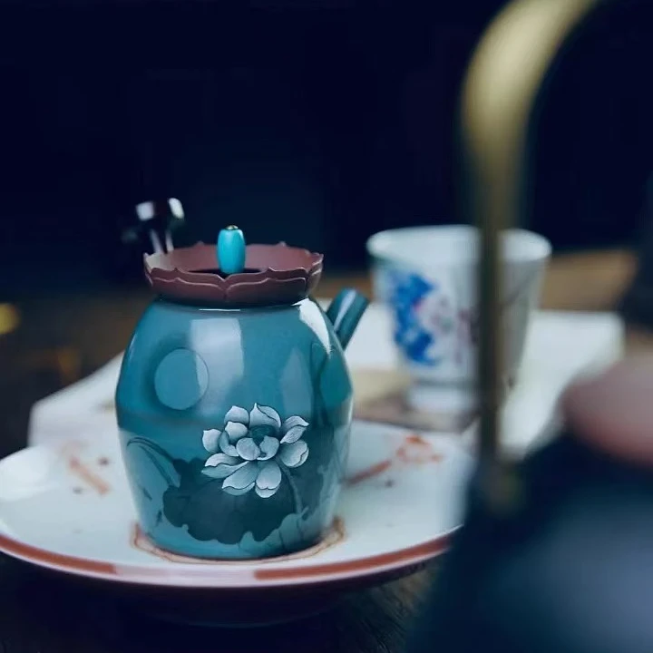 品墨善雅-中秋限量版荷塘月色紫砂壶 景德镇手工手绘