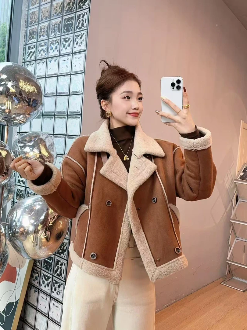 宽松版皮毛一体羊羔绒机车外套短款秋冬新款小个子加厚1801