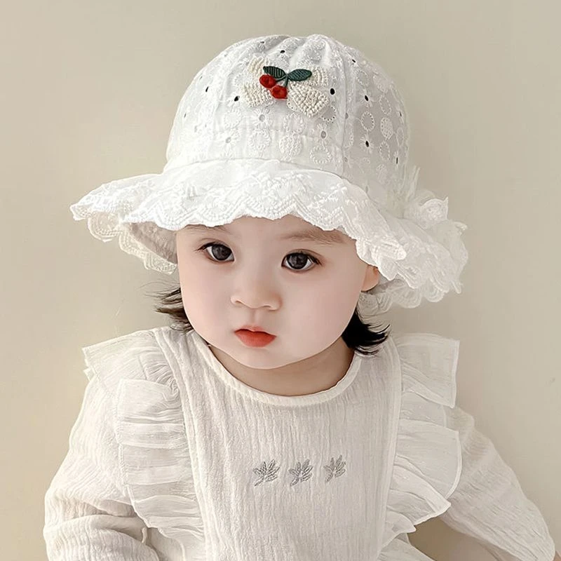 婴儿帽子春秋薄款遮阳帽洋气春夏女宝宝渔夫帽夏季蕾丝公主防晒帽