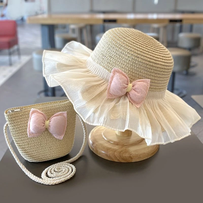 夏天女孩遮阳草帽夏款大檐女宝宝公主沙滩防晒帽子小女孩渔夫帽包