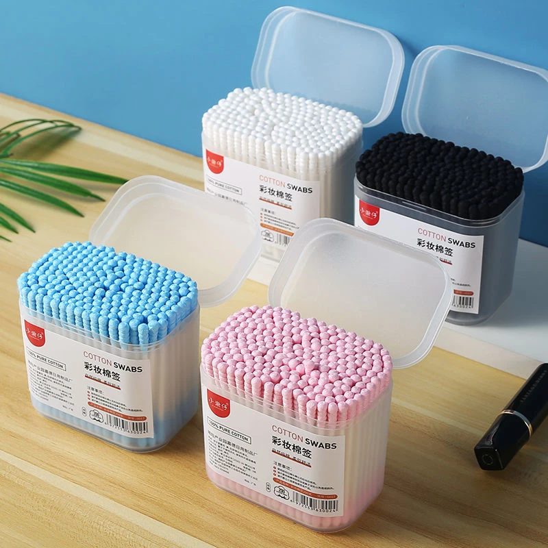 化妆棉签尖头圆头螺旋头棉棒美容卸妆掏耳朵纸棒盒装彩色双头200