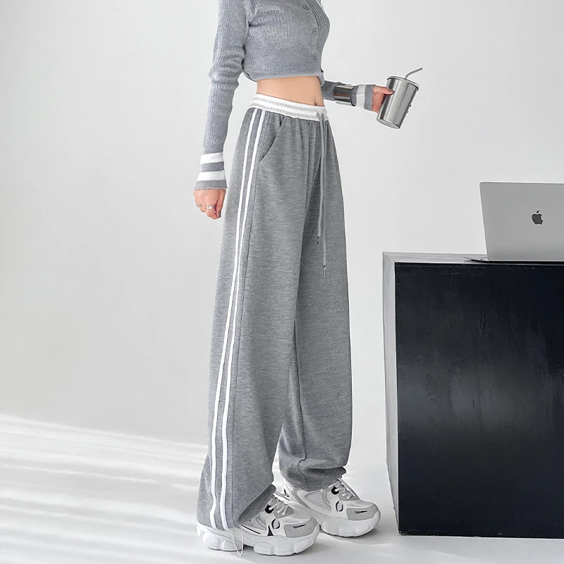 美式撞色休闲卫裤女2023秋季新款高腰垂感窄版阔腿裤女百搭拖地裤