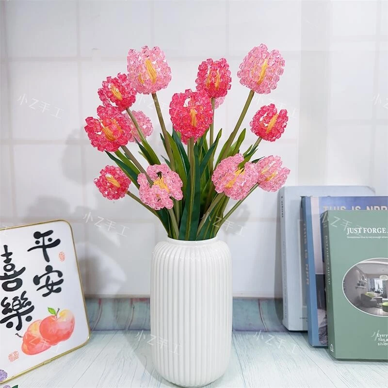 菱形珠郁金香材料包DIY手工串珠透明方珠郁金香珠子粉色居家摆件