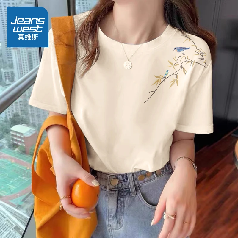 真维斯 国风短袖t恤女2024新款夏季纯棉新中式上衣宽松半袖打底衫