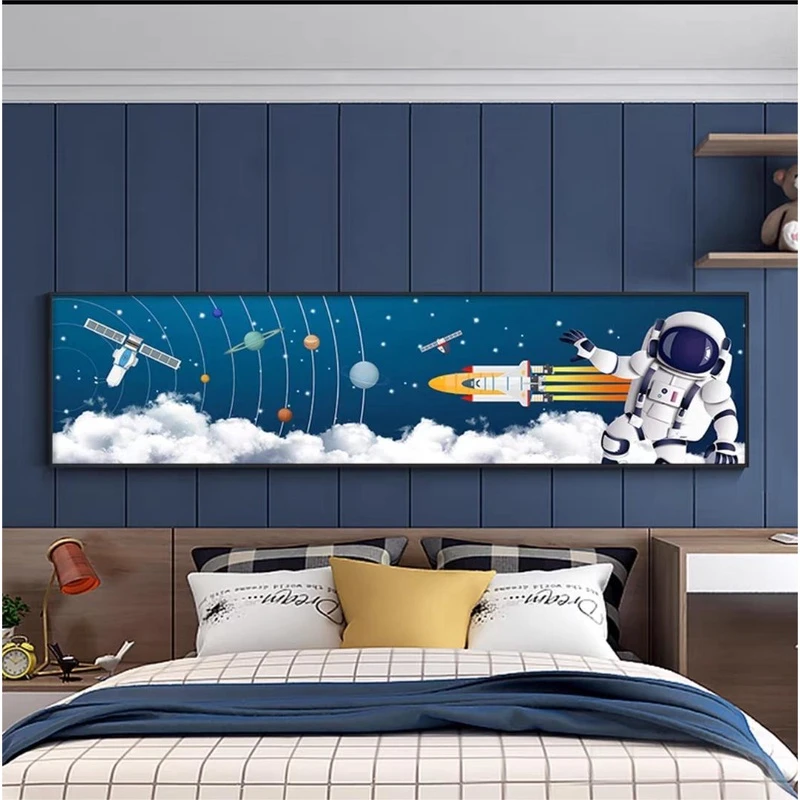 【银河】儿童房镶钻宇航员遨游太空床头背景墙挂画150*40