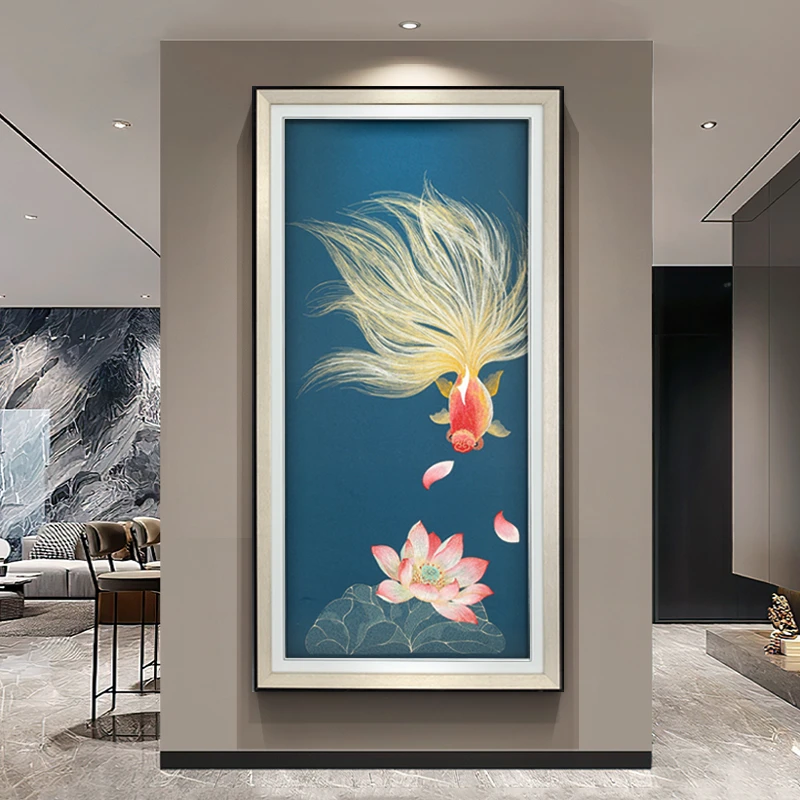 【银河】鱼和荷花玄关装饰画现代简约走廊过道挂画立体刺绣80*160