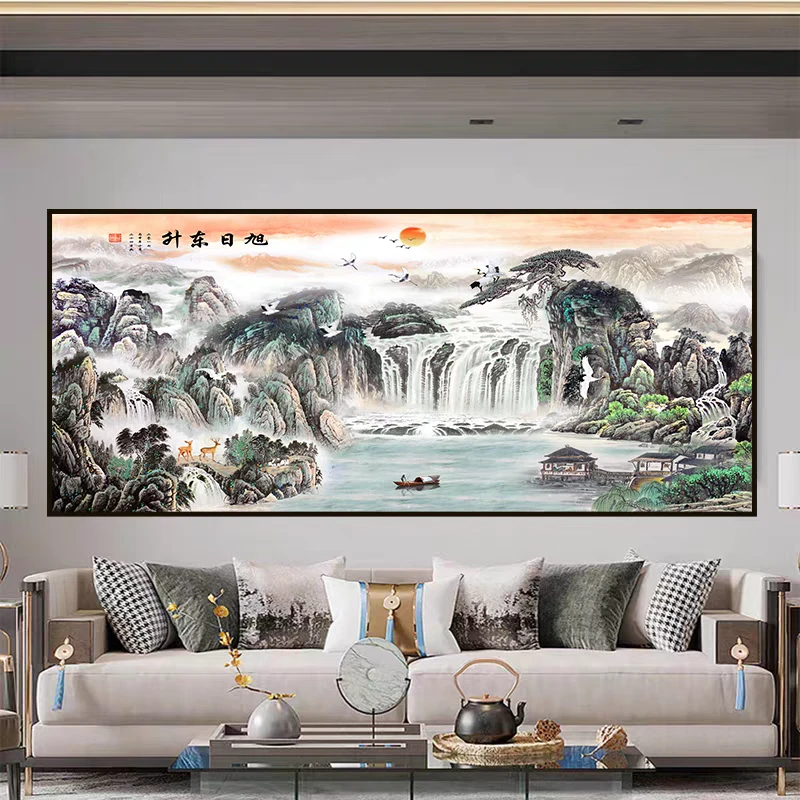 【银河】镶钻新中式山水风景客厅沙发装饰画茶室墙面挂画200*100