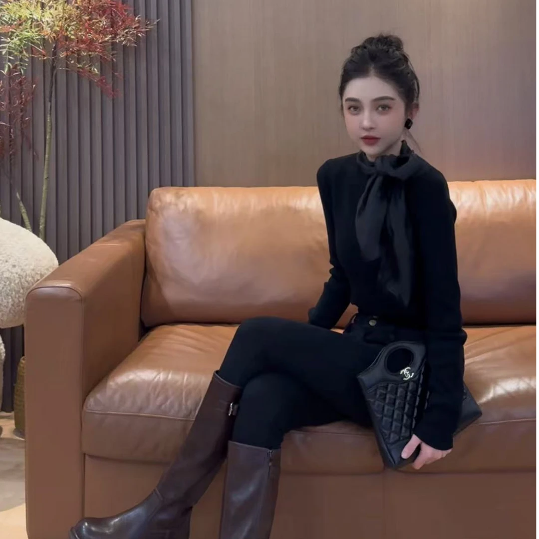 K24 系带修身针织衫 秋冬拼接修身显瘦毛衣打底上衣 DK2201