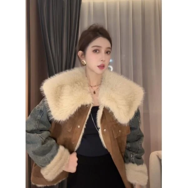 J18 翻领毛毛牛仔外套~撞色设计感短款外套冬季 DJ1812