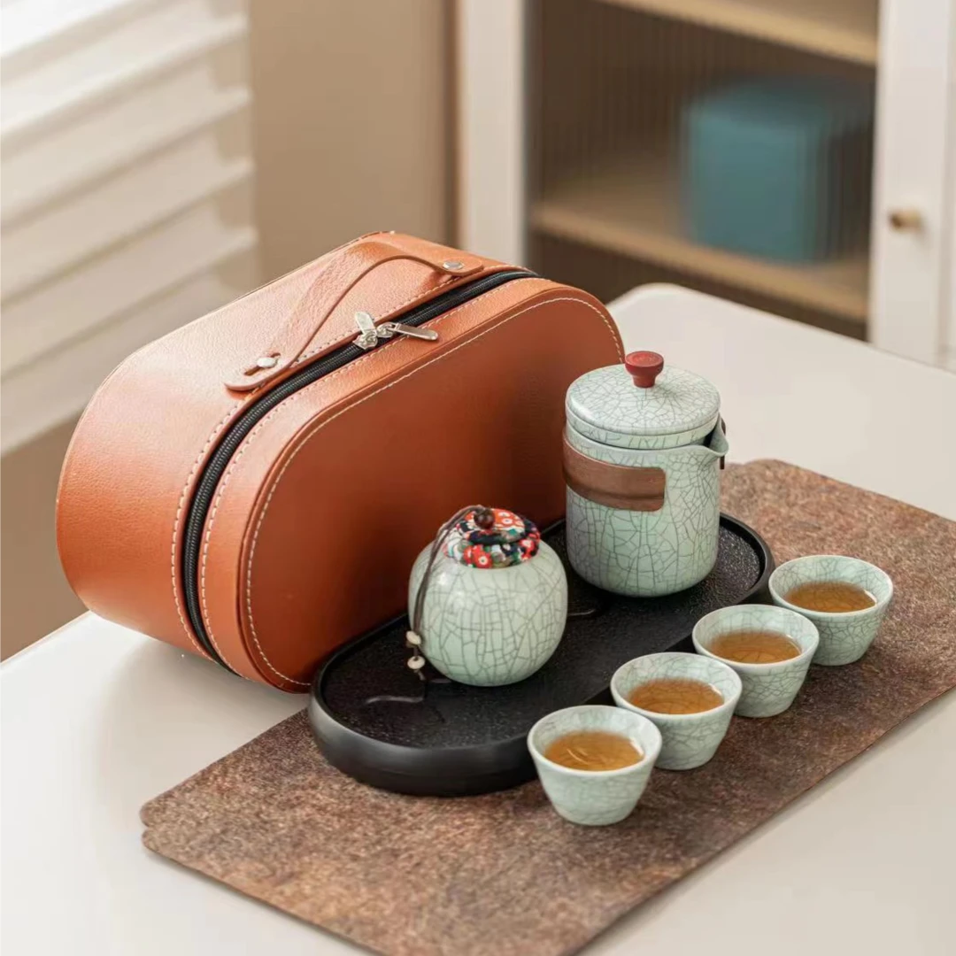 高档旅行包茶叶罐茶盘汝窑套装旅行必备