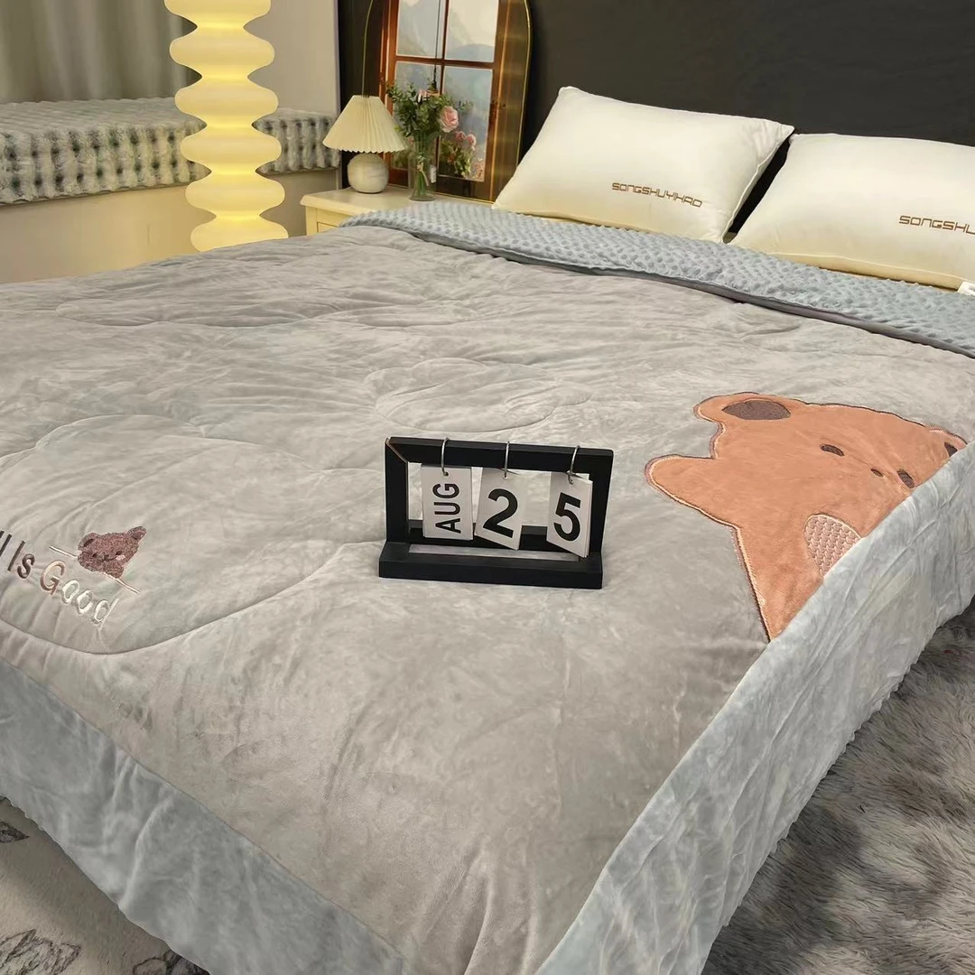 【秋冬上新】晚安熊-灰-A面婴儿绒B面宝宝绒双人豆豆被200*230约6斤