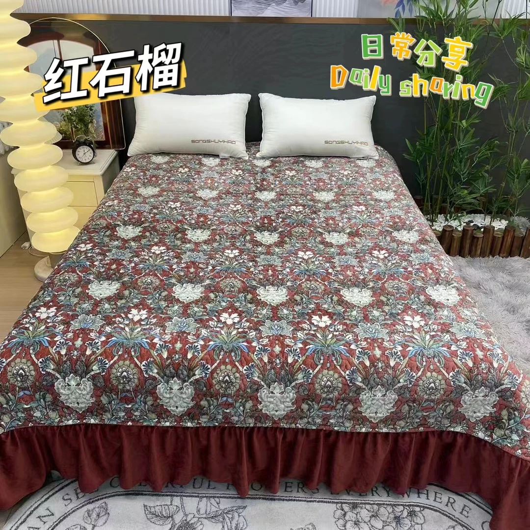11月新款-红石榴-唐锦绒牛奶绒加厚床裙款床盖【250*260】