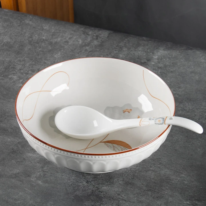 【套组】岁月静好9英寸浮雕大汤碗+勺子家用陶瓷大碗 破损联系客服