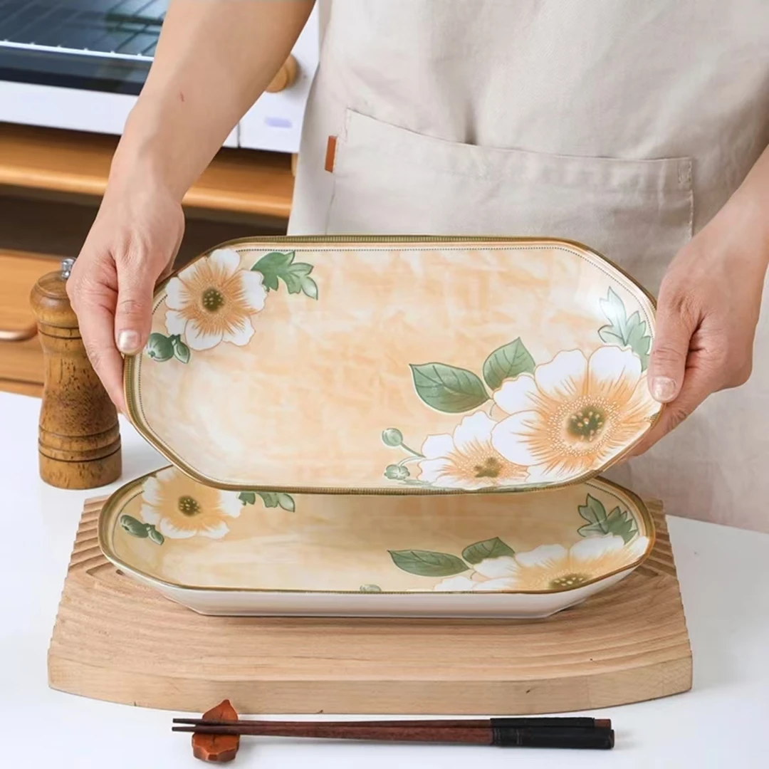 【12英寸】2只装大号家用陶瓷盘子长方釉下彩鱼盘