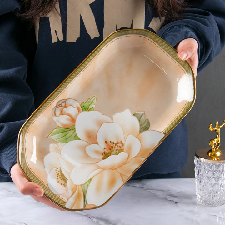 【12英寸】山茶花家用陶瓷鱼盘 大号蒸盘子