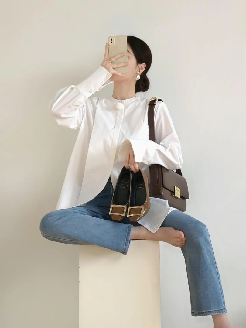 2024新款夏秋季休闲简约衬衫衬衣搭配牛仔裤裤子显瘦百搭宽松垂感