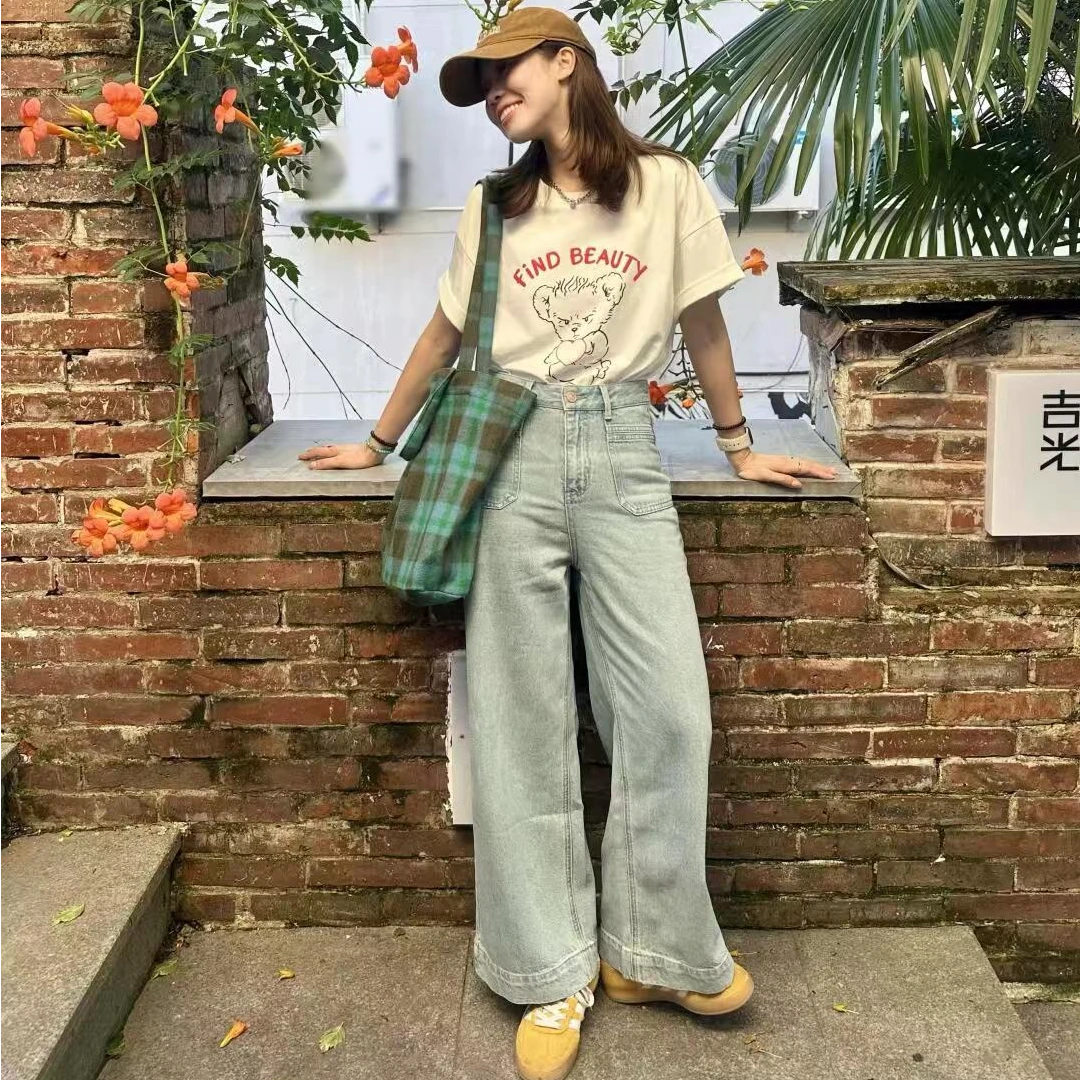 2024新款夏季休闲T恤短袖上衣搭配高腰阔腿裤牛仔裤气质显高时尚