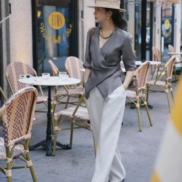 2024新款夏季休闲简约韩版上衣搭配休闲裤通勤显瘦百搭减龄法式