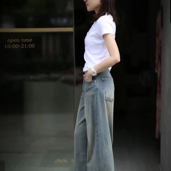 2024新款夏季休闲简约白色T恤搭配牛仔阔腿裤子显瘦百搭洋气时尚
