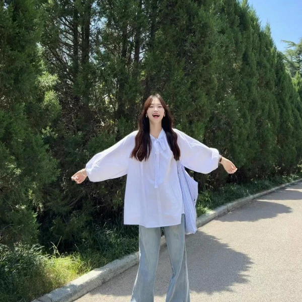 慵懒风宽松穿搭白色上衣搭配牛仔裤裤子阔腿裤显瘦百搭韩版休闲