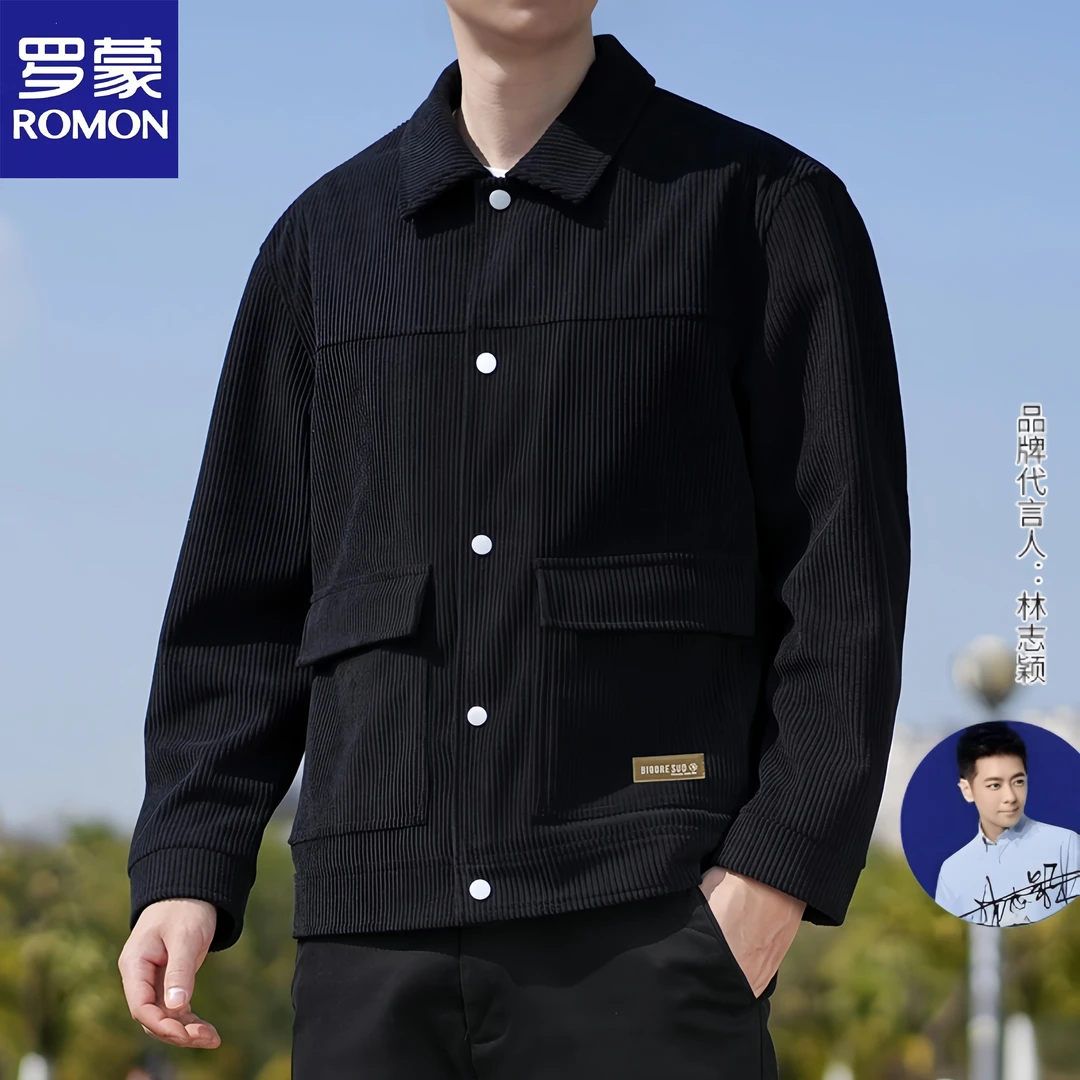 罗蒙灯芯绒外套男士春秋季新款翻领行政夹克青年商务宽松百搭上衣
