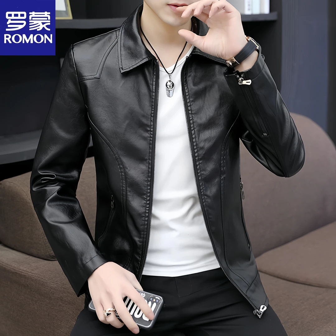 罗蒙高档翻领海宁皮衣男春秋季新款复古帅气百搭机车皮夹克外套男