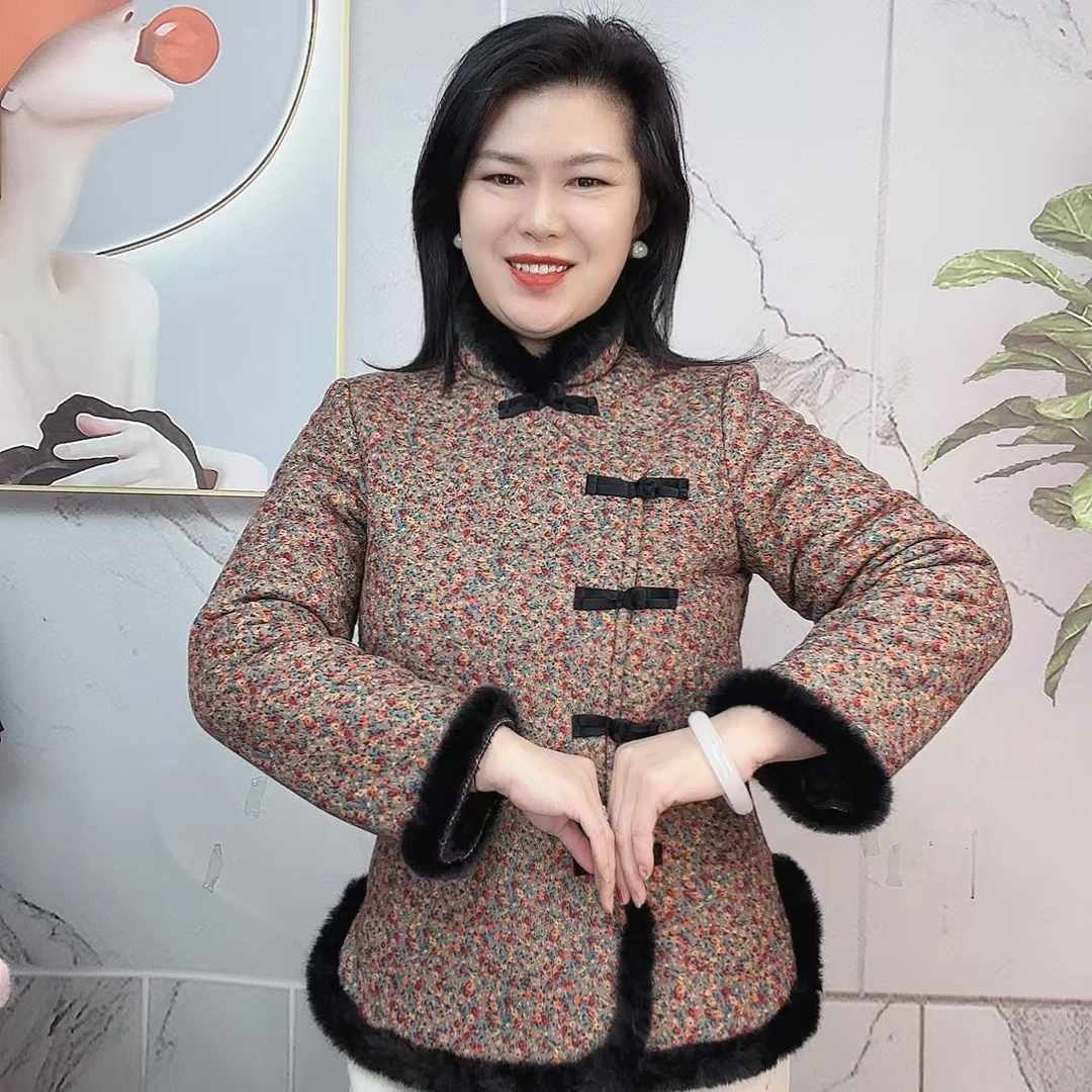 小兰国风冬季复古加绒加厚棉衣【黑毛毛碎花】时尚百搭保暖抗寒棉服