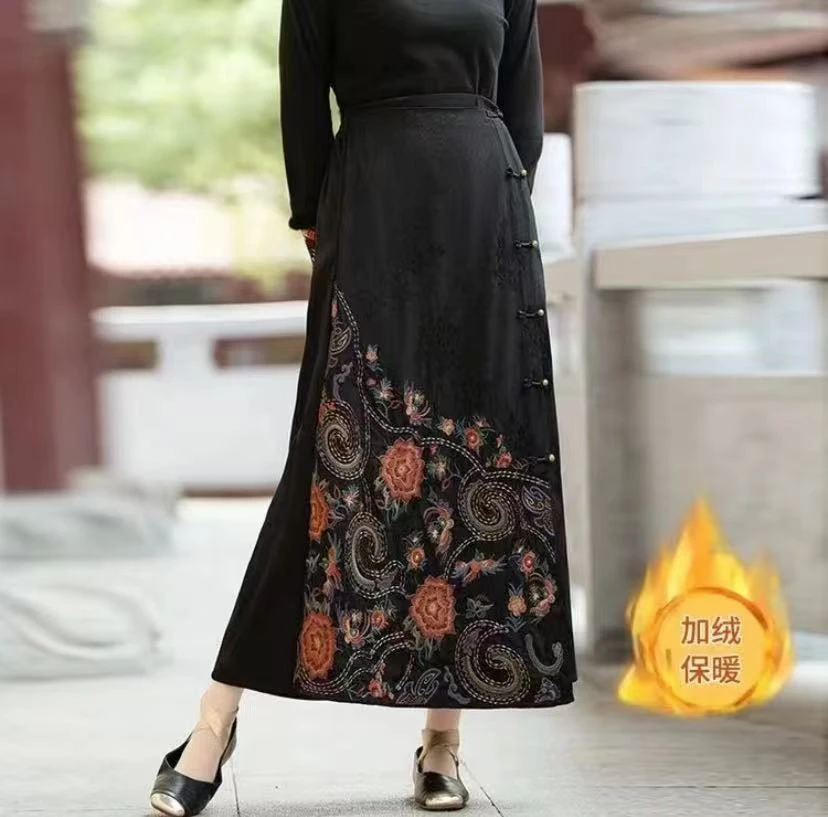 小兰国风秋冬新款复古加绒加厚【海棠花刺绣】高档民族风百搭A版裙