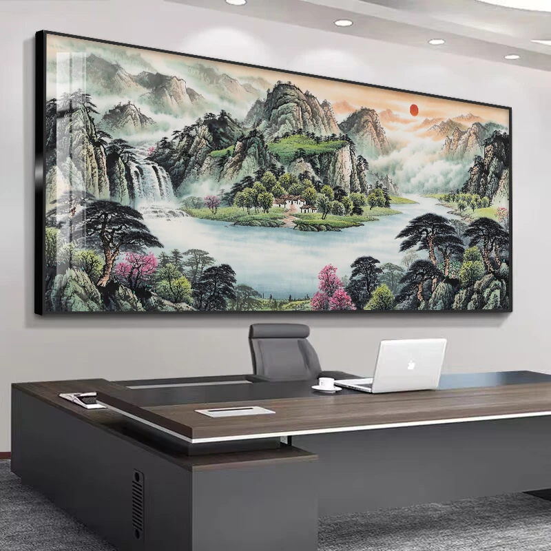 美嗨DRB-聚宝盆山水装饰画旭日东升新中式沙发背景墙挂画客厅壁画