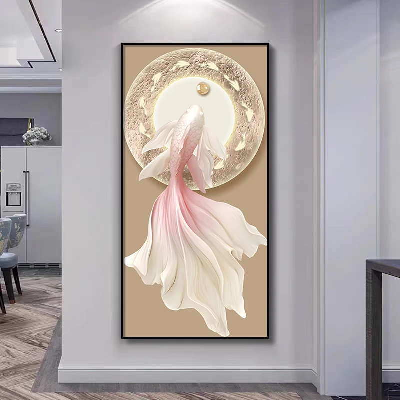 简约奶油风玄关装饰画走廊过道锦鲤鱼挂画入户进门墙面壁画寓意好