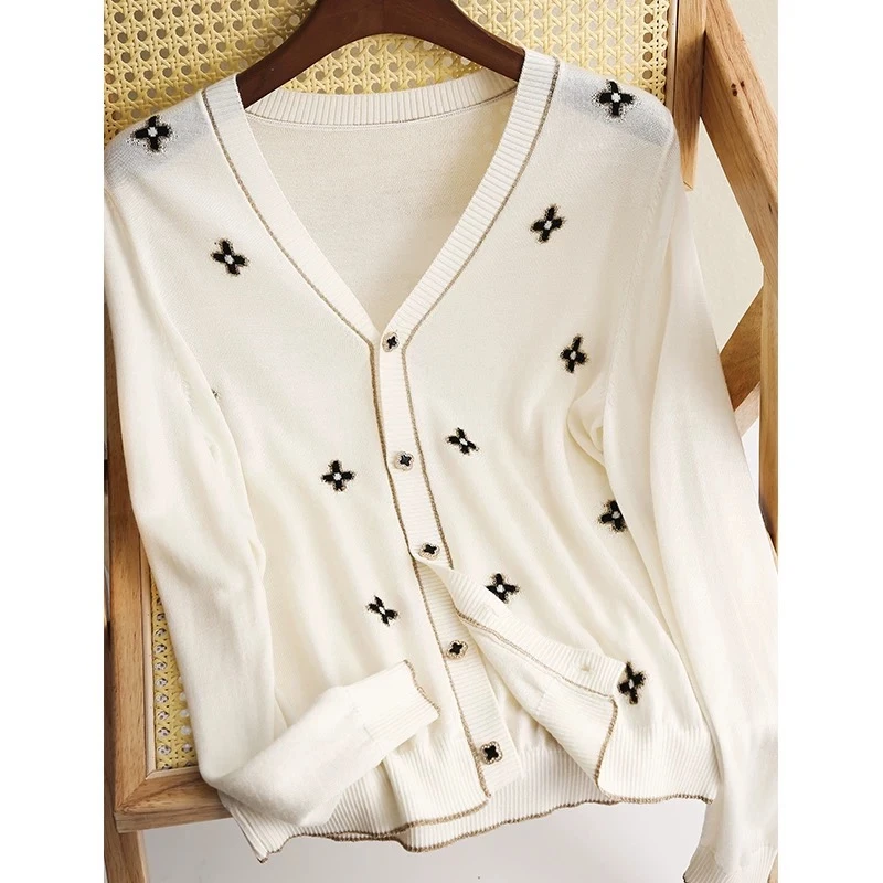 X35针织开衫女2024新款长袖打底衫女春秋洋气时尚毛衣小香风V领