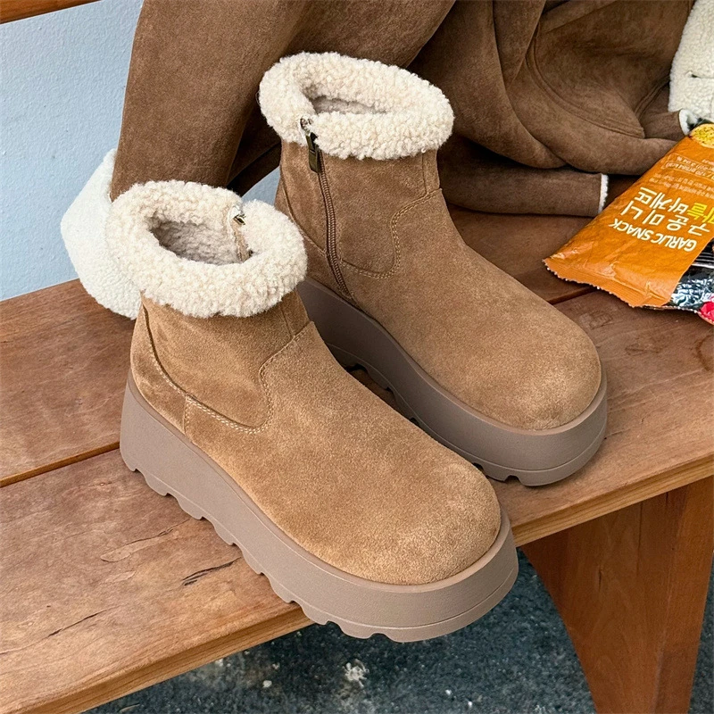 真皮雪地靴女冬2024年新款森系复古加绒勃肯靴厚底丑萌毛毛短靴女