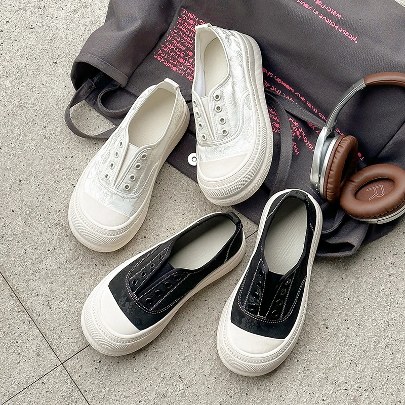 时尚国风乐福鞋女2024春夏韩版厚底一脚蹬渔夫鞋百搭休闲运动板鞋