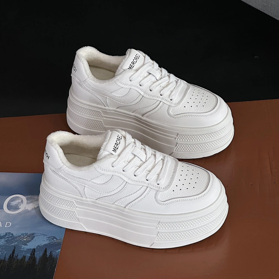 2024秋冬新款加绒真皮松糕底板鞋女厚底运动休闲鞋加棉保暖小白鞋