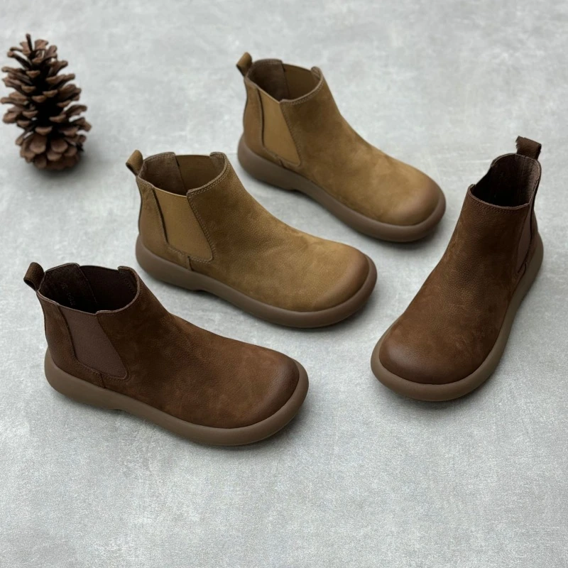 手工文艺马丁靴头层牛皮24秋冬新款复古短靴圆头平底套脚切尔西靴