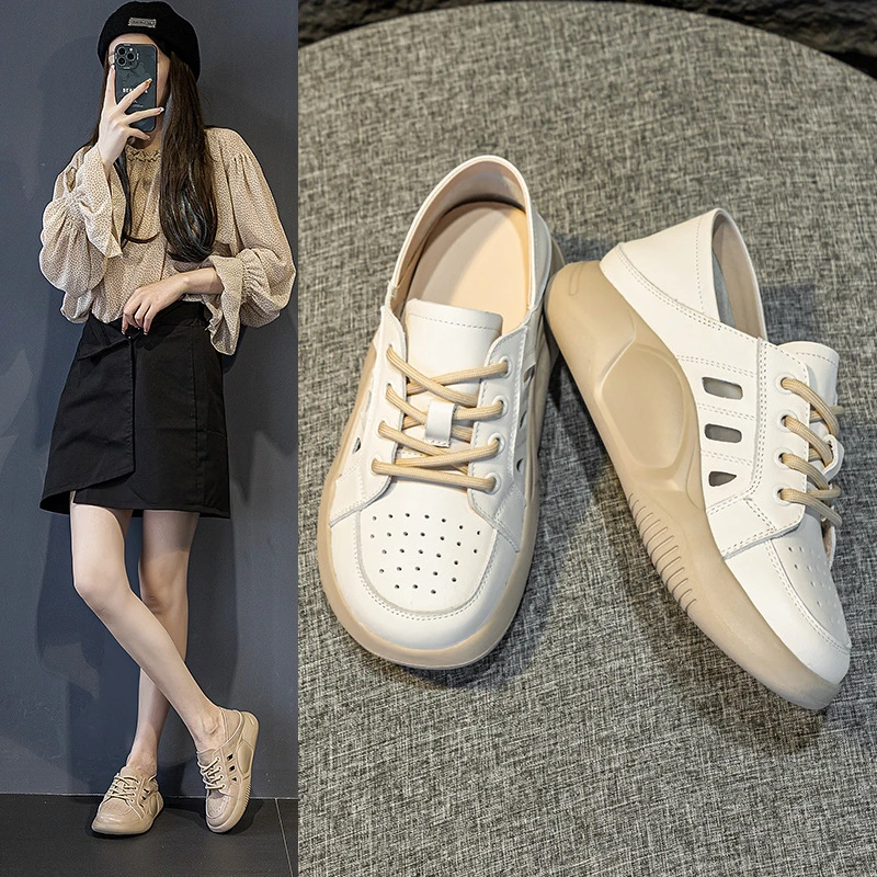 头层牛皮小白鞋女款2024春夏新款百搭透气镂空厚底休闲板鞋女单鞋