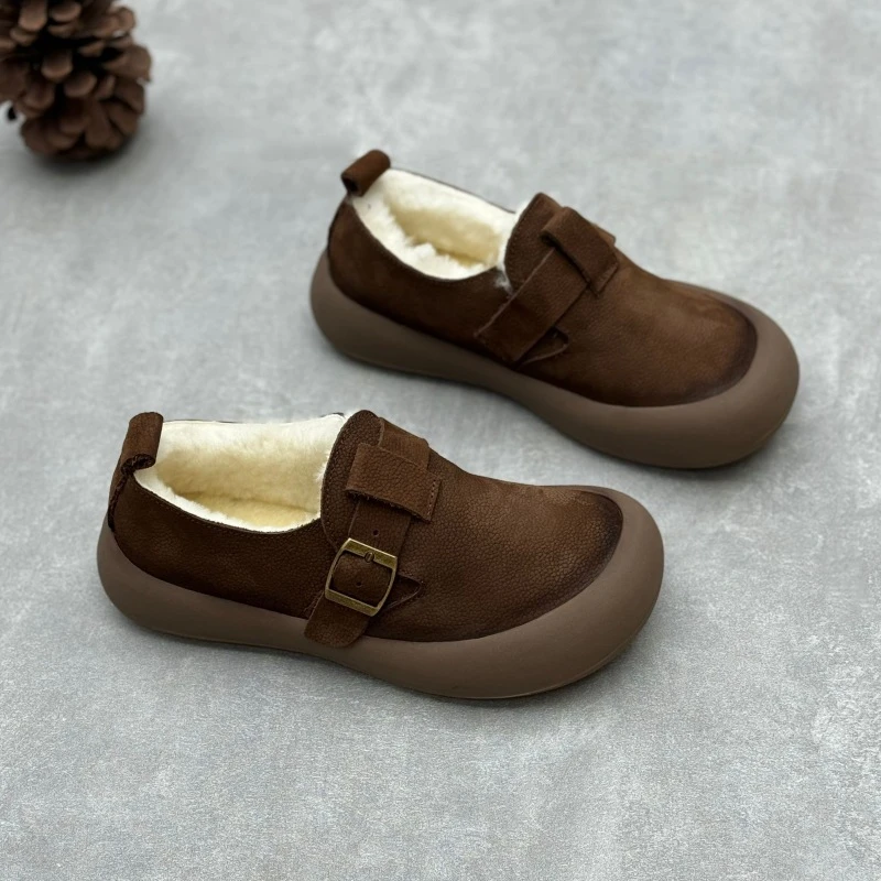 手工皮毛一体棉鞋女2024冬季复古文艺圆头平底羊毛加厚保暖乐福鞋