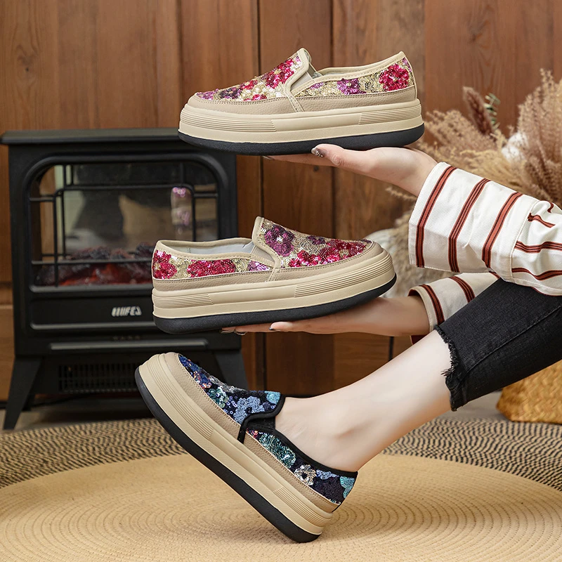 厚底亮片乐福鞋女2024夏新款一脚蹬大码女鞋41-43显脚小满钻单鞋